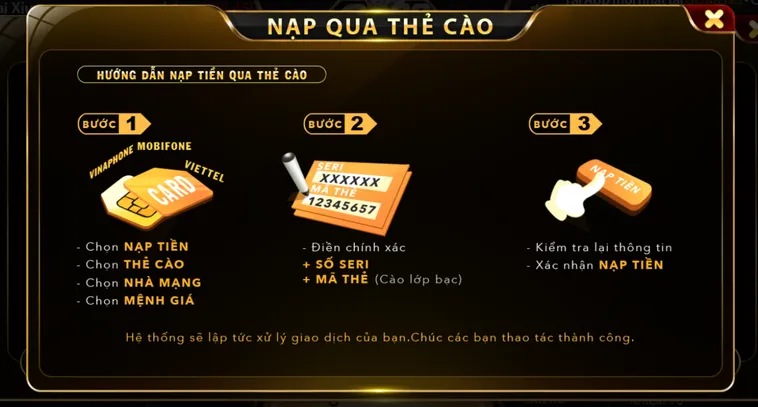 Nạp tiền qua thẻ cào hỗ trợ tất cả nhà mạng: Viettel - Mobifone - Vinaphone - Vietnamobile